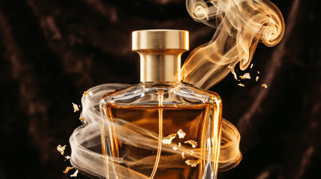 Conceito de aceleração da maceração de perfumes, mostrando fusão molecular e eliminação do cheiro de álcool com brilho dourado.