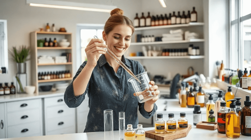 Materiais para perfumaria artesanal: frascos de vidro âmbar, béqueres e conta-gotas de precisão com essência.
